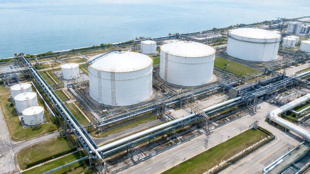 Aerial view of an industrial petroleum storage terminal